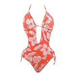 Plunge Monokini Swimsuit Orange Floral