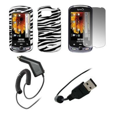 Premium Zebra Stripes Design Snap-On Cover Hard Case Cell Phone Protector + Crystal Clear LCD Screen Protector + Rapid Car Charger + USB Data Charge Sync Cable for Samsung Moment M900 [Accessory Export Packaging]