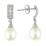 10K White Gold .08 ctw Diamond and Pearl Drop Earrings