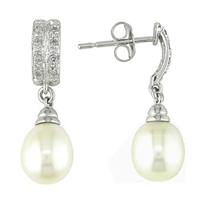 10K White Gold .08 ctw Diamond and 7-8mm Cultured Freshwater Pearl Drop Earrings