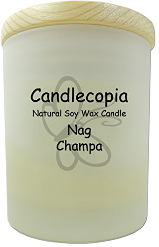Candlecopia Nag Champa Scented Soy Candle - Woody notes similar to patchouli, with touches of powder, musk, amber, and vanilla - 80+ Hours Burn Time in 14 ounce Frosted Jar with Wooden Lid