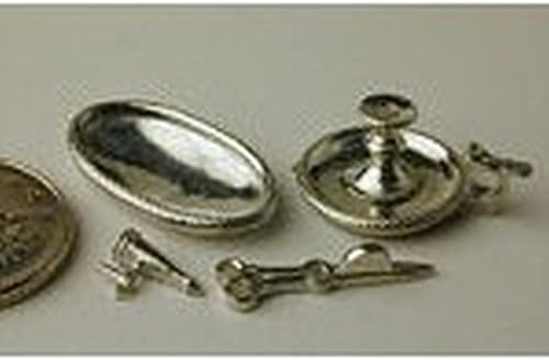Dollhouse Miniature Polished Pewter Chamber Stick Set