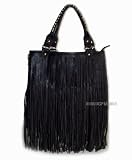Faux Leather (Black) Fringe Tassel Handbag Shoulder Bag Tassels Fringes on Both Sides - BY GFM Fashion