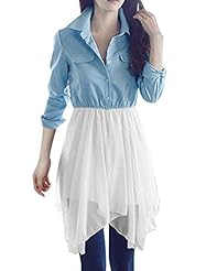 Long Sleeves Chiffon/Denim Short Elasticized   Waistline Prom Dress 