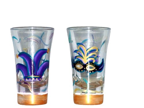 ArtisanStreet’s Set of 2 Shooters in Mardi Gras Mask & Joker Hat. Hand Painted, Signed