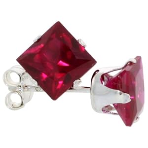 Ruby Red CZ 1 1/4 Carat Size (6 mm) Princess Cut Sterling Silver Stud Earrings