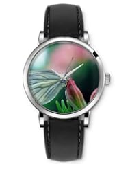 SPRAWL Aanalog Fashion Series Silver Ladies Watches of Genuine Black Leather Strap,Unique Wrist Watch for Women Girls Designed with Butterfly on a flower bud