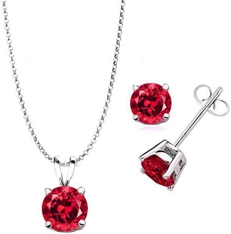 925 Sterling Silver Round Cut Ruby Pendant And Earrings Combo Gift Set-1.00 Carat Each Stone-2.00 CTW Round Stud Earrings