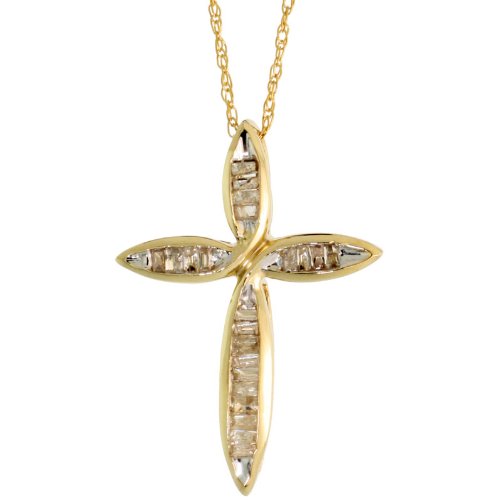 10k Gold 18 in. Thin Chain & 15/16 in. (23mm) tall Cross Pendant, w/ 0.25 Carat Baguette Diamonds