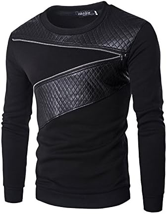 BH Men's Cotton Plaid Leather Stitching Slim T-shirt Hoodies black XL