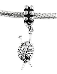 Sterling Silver Three Dimensional Yarn and Needles Dangle Bead Charm