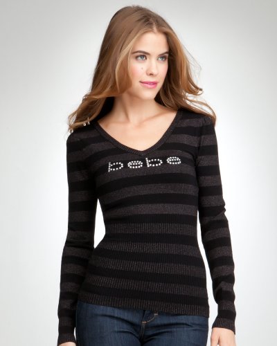 41pwcWmd2ZL Bebe bebe Logo Studded V Neck Sweater Black Size X Small