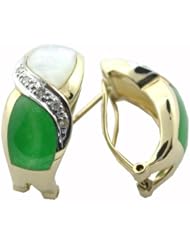Green Jade and White Mother Of Pearl Cross-Over Earrings with Diamonds, 14k Gold