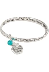 Teacher Prayer Silver Tone Bangle Bracelet with Dangling Apple Charm