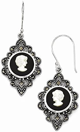 Sterling Silver Marcasite Cameo with Onyx & MOP Shepherd Hook Earrings