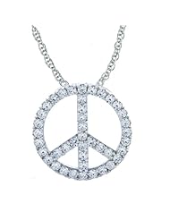 Platinum Plated Sterling Silver Round Cubic Zirconia Peace Sign Necklace
