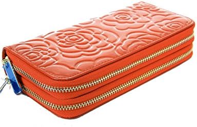 Genuine Leather Flower Embossed 2 Zipper Ladies Wallet (Orange)