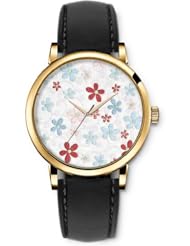 SPRAWL Aanalog Fashion Series Gold Ladies Watches of Genuine Black Leather Strap,Unique Wrist Watch for Women Girls Designed with Drawing of blue and red flowers
