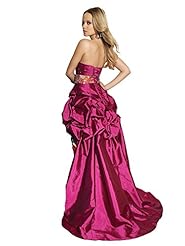 Print: General Print  
Material: Taffeta 
Occasion: Prom Dress  
Shoulder: Strapless  
Neckline: Sweetheart  
Waistline: Corset Waistline  
Skirt: A-line High-Low-Hem 
Embellishments: Beaded  Gathered  Lined  
Closure/Back: Lace Up 
Size Category: Adult 

