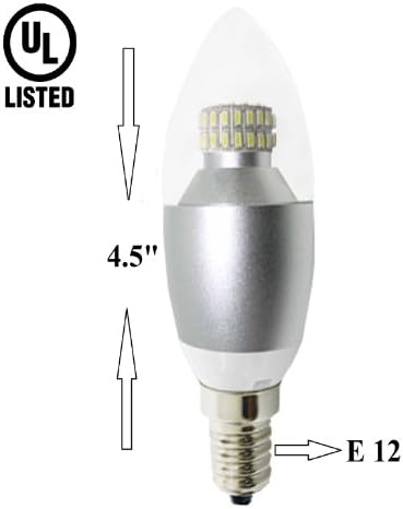 6 Watt,Dimmable LED Candelabra E12 Base Light Bulb (60w Incandescent Replacement), Omni directional, 530 Lumens, Warm White 2700k, Chandelier Torpedo Shape, Clear Glass Cover, Silver Base -UL Listed-