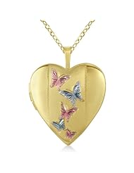 Heart Shaped Butterfly Engraved Locket Style Pendant Necklace For Women 14K Yellow Gold Vermeil