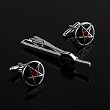 FashionOn Designer Formal Contemporary Round Black Red Silver Tie Pin and Cufflinks Set with Presentation Box