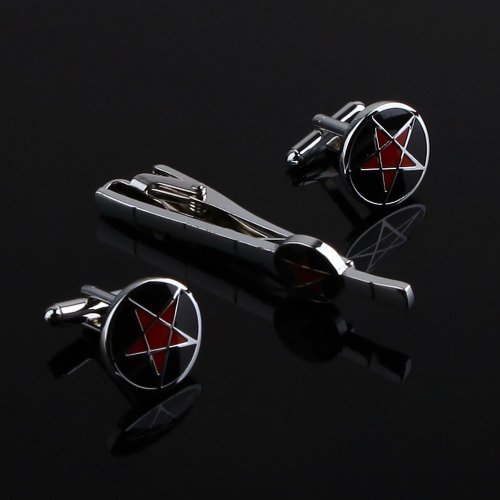 FashionOn Designer Formal Contemporary Round Black Red Silver Tie Pin and Cufflinks Set with Presentation Box