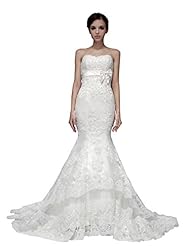 Strapless Sweetheart Satin/Tulle Mermaid Empire   Waistline Lace  Applique Wedding Dress  With a Bow(s) and a Sash 