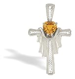 14K White Gold Genuine Heart Citrine and Diamond Cross Pendant
