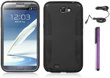 Premium Two Layer Hybrid Protector Cover Ez Grip Case for Samsung Galaxy Note 2 with Purple Stylus Pen and Phone Stand, Car Charger (Black)