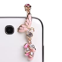 Wisedeal Bling Crystal 3.5mm Rhinestones Beads Metallic Plated Butterfly Pattern Cellphone Charms Anti-Dust Dustproof Earphone Audio Headphone Jack Plug Stopper for iPhone 4 4S Samsung Galaxy S2 S3 Note I9220 HTC Sony Nokia Motorola LG Lenovo (Pink)