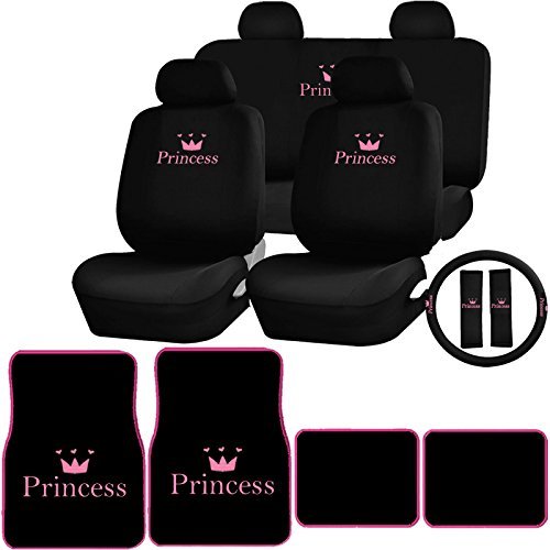 17pc Princess Logo Carpet Floor Mats & Black and Pink Low Back Seat Covers, Rear Bench Cover w/ 2 Headrests, Steering Wheel Cover & Shoulder Pads