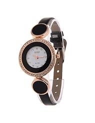 Vktech New Fashion Women Wristwatch Leather Strap Alloy Round Face with Crystals (Black)