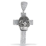 Bling Jewelry .925 Sterling Silver Black and White CZ Pave Skull Cross Pendant