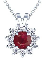 18K White Gold Round Cut Ruby And Round Diamond Pendant