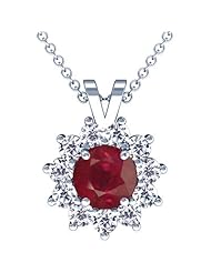 14K White Gold Round Cut Ruby And Round Diamond Pendant
