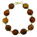 18k Gold Over Sterling Silver Iridescent Genuine Freshwater Cultured Brown Coin Pearls Bead Circle Round Bracelet
