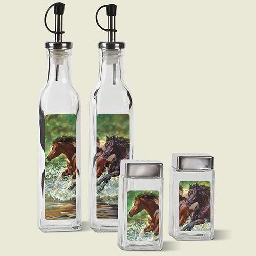 Decorative Oil Bottles & Salt and Pepper Shaker Combo Set -Splash Horse