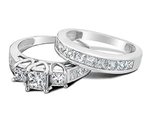 Princess Cut Three Stone Diamond Engagement Ring and Wedding Band Set 1.0 Carat (ctw) in 14K White Gold, Size 7.5