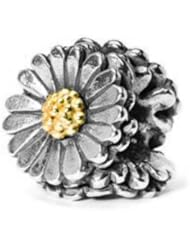 Best Gift for Christmas, Sterling Silver and 18k Yellow Gold Accent Daisy Charm, Fits Pandora and All Brands Charm Bracelets and Necklaces.