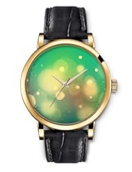 SPRAWL Aanalog Fashion Series Gold Ladies Watches of Genuine Black Leather Strap,Unique Wrist Watch for Women Girls Designed with Bubbles on green background