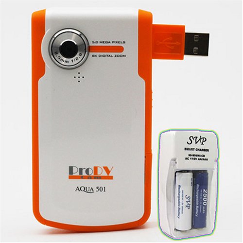 ProDV Cam Aqua-501-Orange 12MP Max 8x Digital Zoom Digital Camcorder with Flip USB arm (AA Rechargeable Set included)