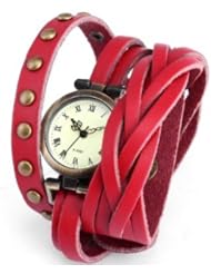 KANO BAK(TM)Red Color Punk Lady Women Man Boy Unisex Wrap Around Bracelet Long Leather Quartz Gift Watch