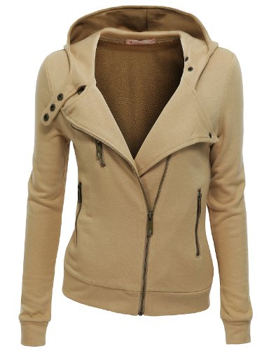 Doublju women soft warm long sleeve hoodies beige,l