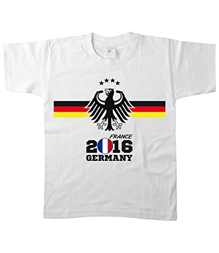 Artdiktat Kinder Deutschland Fan T-Shirt – Kids – EM 2016 Frankreich – Trikot Ersatz – inkl. Wunschname und Nummer Größe 110/116, weiß