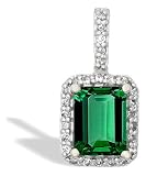 14K White Gold Emerald-cut Created Emerald and Diamond Pendant