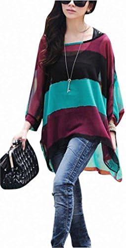 Bepei Women Stripe Boat Neck Semi Sheer 2 in 1 Loose Batwing Blouse Racer Back Blue