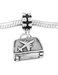 Sterling Silver Airplane Luggage Suitcase Dangle Bead Charm