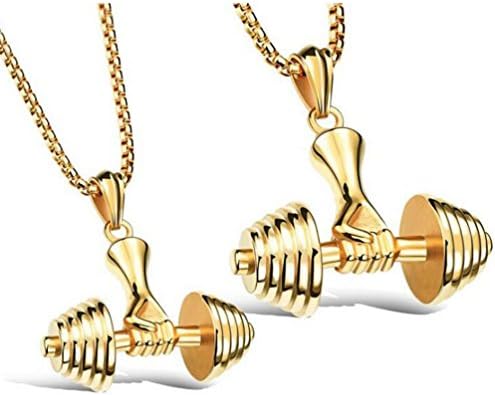 Unisex Creative Dumbbell Barbell Titanium Steel Pendant Necklace(Gold,L)