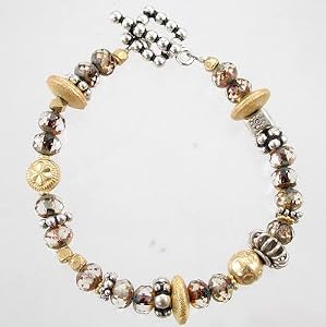 Autumn Hued Czechoslovakian Glass, Gold Vermeil and Sterling Silver Beaded Toggle Bracelet, 8" long, #9395